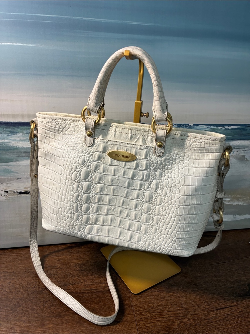 Brahmin White Croc-Embossed Satchel with Gold Hardware and Detachable Strap